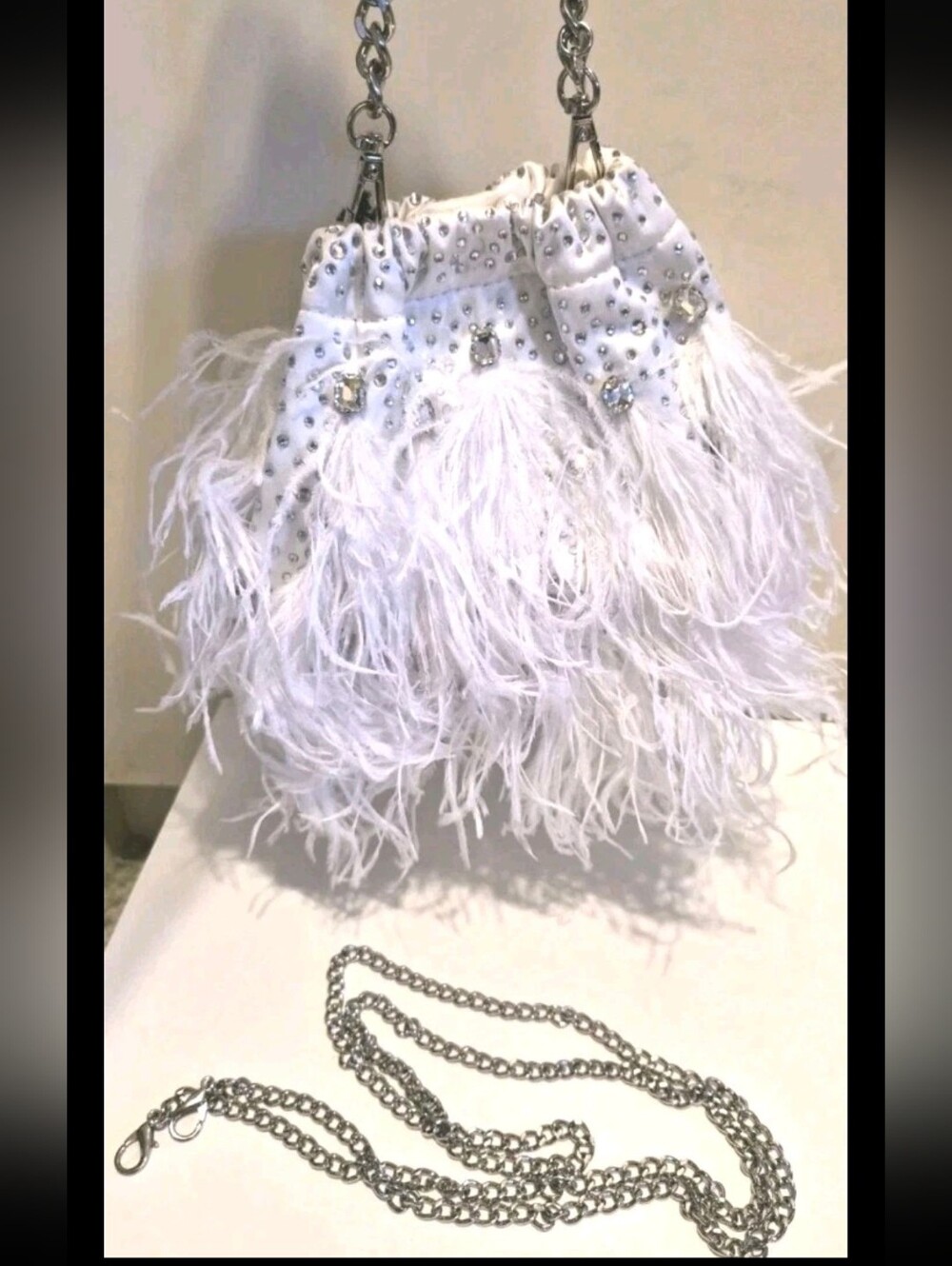 NWT Olga Berg "Livvy" White Satin Feather Crystal Bucket Evening Bag Ret.$170